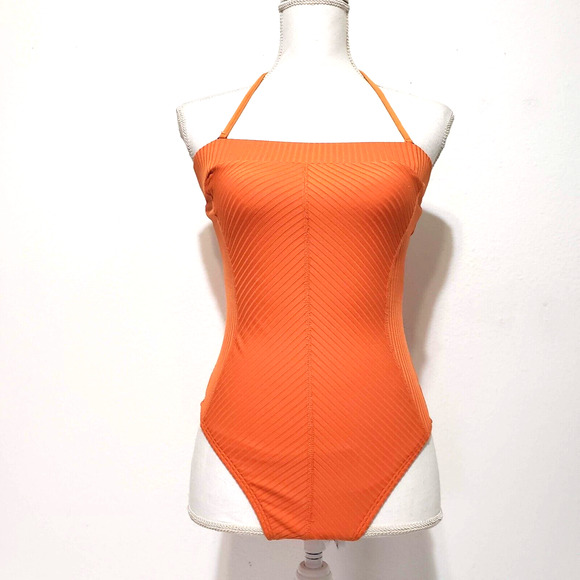Robin Piccone SIZE 8 Orange Ribbed Bandeau One-Piece Swimsuit Halter Strap - Picture 1 of 13